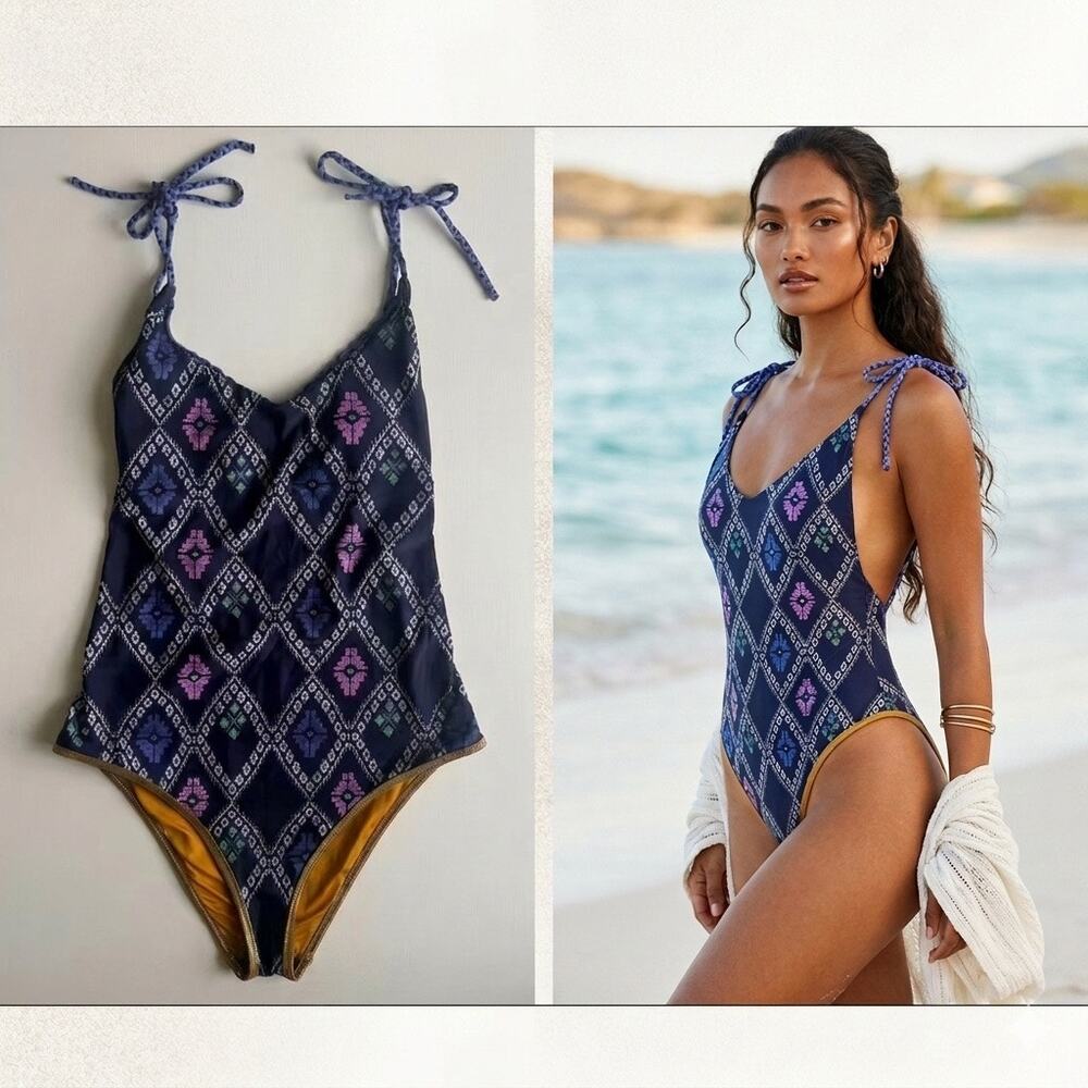 Aerie Geometric Ikat Tie-Strap One Piece Swimsuit - Medium